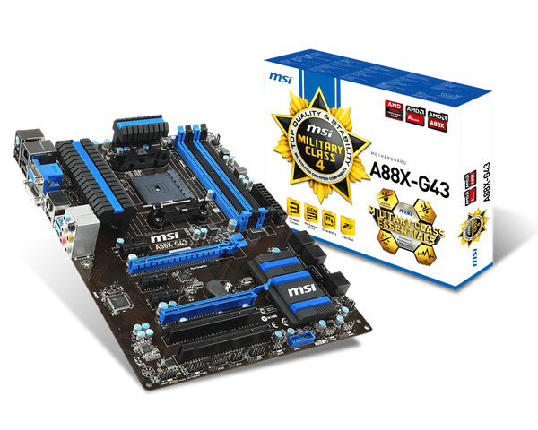 MSI AMD A88X-G43 chipset, Supports Socket FM2+ AMD A-Series Processors, DDR3 1333/1600/1866/2133, Dual Memory Channel, 4x DIMM Slots (Max 64GB)