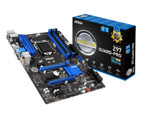 MSI Intel Z97 Guard-pro Z97 Chipset, Socket 1150 @ 100MHz FSB, 4th Gen Core i3/i5/i7/Pentium/Celeron Support, DDR3 1333 (3000MHz Max OC), 4x DIMM Dual Channel (32GB)