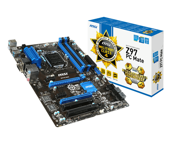 MSI Intel Z97 PC Mate Z97 Chipset, Socket 1150 @ 100MHz FSB, 4th Gen Core i3/i5/i7/Pentium/Celeron Support, DDR3 1333 (3000MHz Max OC), 4x DIMM Dual Channel (32GB)