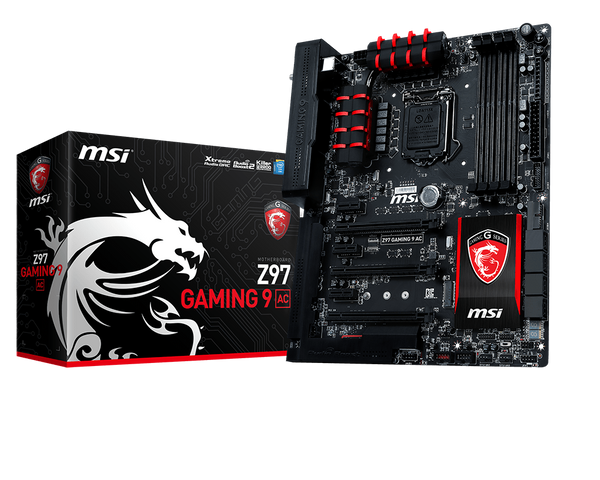 MSI Intel Z97 Gaming 9 AC Z97 Chipset, Socket 1150 @ 100MHz FSB, 4th Gen Core i3/i5/i7/Pentium/Celeron Support, DDR3 1333 (3300MHz Max OC), 4x DIMM Dual Channel (32GB)