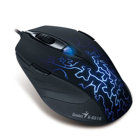 Genius X-G510 Gaming Mouse - 6 Button, GamerScroll, Blue Illumination, Full Lightning Pattern, Macro Support, Rubber Thumb Grip, Gaming UI, USB
