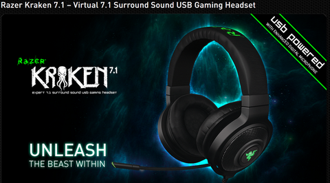 Razer Kraken 7.1 Gaming Headset - Virtual 7.1 Surround Sound, Enhanced Digital Microphone, Foldable ear cups, Powerful 40mm drivers - Black