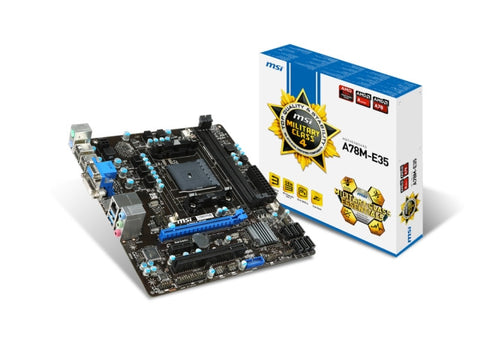 MSI AMD A78MA-E35 chipset, Supports Socket FM2+ AMD A-Series Processors, DDR3 1333/1600/1866/2133, Dual Memory Channel, 4x DIMM Slots (Max 64GB)