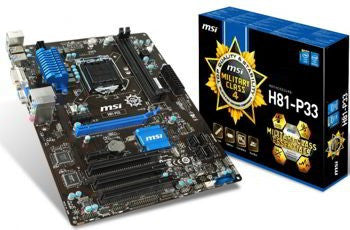 MSI Intel H81M-P33 H81 Chipset, Socket 1150 @ 100MHz FSB, 4th Gen Core i3/i5/i7/Pentium/Celeron Support, DDR3 Up to 1600MHz, 2x DIMM Dual Channel Slots (16GB)