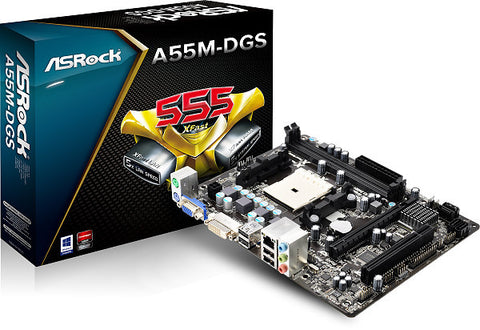 ASRock AMD A55M-DGS Motherboard, Socket FM1, Supports AMD Llano APU (A8/A6/A4), DDR3 2400+ (OC), Dual Memory Channel, 2x DIMM Slots (Max 32GB)