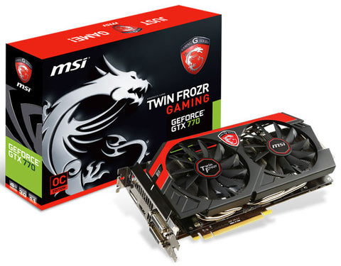 MSI nVidia GeForce GTX770 Twin Frozr OC PCI-Express x16 3.0, GDDR5 2GB, 256-Bit, GPU:1137MHz (1189MHz Boost) / Mem:7010MHz, DVI x2, HDMI x1, 1x DP, DirectX 11.1