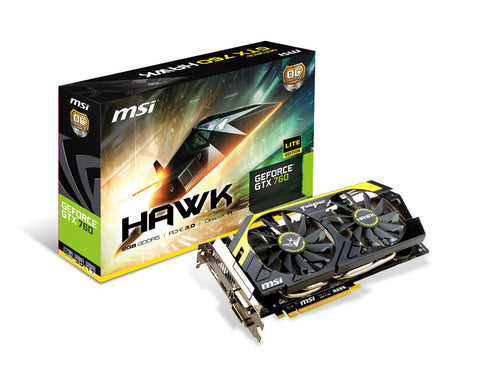 MSI nVidia GeForce GTX760 Hawk OC PCI-Express x16 3.0, GDDR5 2GB, 256-Bit, GPU:1111MHz (1176MHz Boost) / Mem:6008MHz, DVI x2, HDMI x1, 1x DP, DirectX 11.1