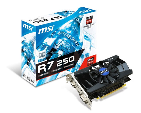 MSI AMD Radeon R7 250 OC, PCI-Express x16 3.0, DDR3 2GB, 128-Bit, GPU:1050MHz (Boost: 1800MHz) / Mem:1800MHz, DVI x1, 1x D-Sub, HDMI x1, DirectX 11.2