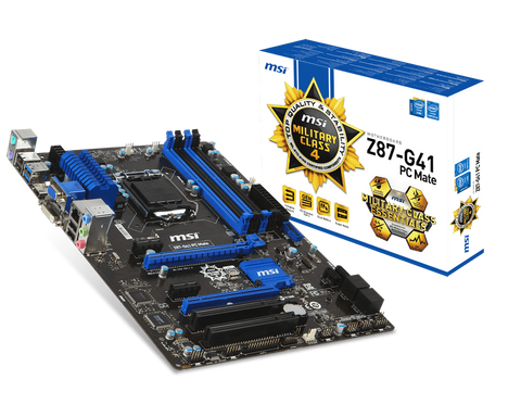 MSI Intel Z87-G41 PC Mate Z87 Chipset, Socket 1150 @ 100MHz FSB, 4th Gen Core i3/i5/i7/Pentium/Celeron Support, DDR3 1333 (3000MHz Max OC), 4x DIMM Dual Channel (32GB)