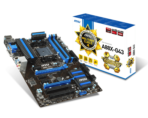 MSI AMD A88X-G43 chipset, Supports Socket FM2+ AMD A-Series Processors, DDR3 1333/1600/1866/2133, Dual Memory Channel, 4x DIMM Slots (Max 64GB)