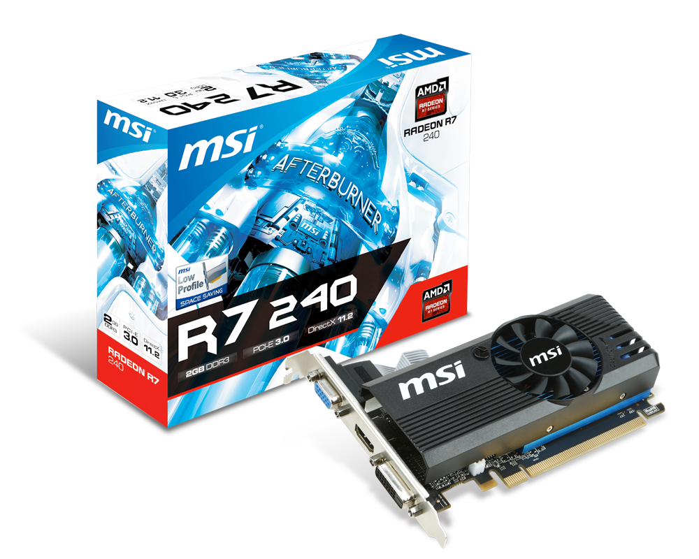 MSI AMD Radeon R7 240 OC, PCI-Express x16 3.0, DDR3 2GB, 128-Bit, GPU:730MHz (Boost: 780MHz) / Mem:1800MHz, DVI x1, 1x D-Sub, HDMI x1, DirectX 11.2