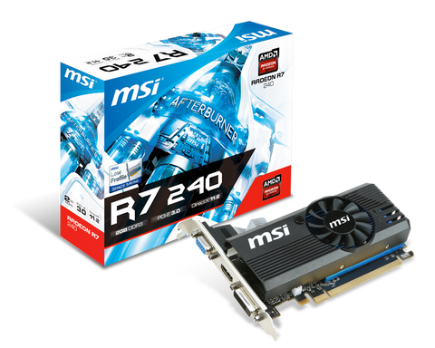 MSI AMD Radeon R7 240 OC, PCI-Express x16 3.0, DDR3 2GB, 128-Bit, GPU:730MHz (Boost: 780MHz) / Mem:1800MHz, DVI x1, 1x D-Sub, HDMI x1, DirectX 11.2