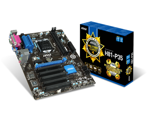 MSI Intel H81-P35 H81 Chipset, Socket 1150 @ 100MHz FSB, 4th Gen Core i3/i5/i7/Pentium/Celeron Support, DDR3 Up to 1600MHz, 2x DIMM Dual Channel Slots (16GB)