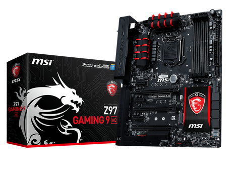 MSI Intel Z97 Gaming 9 AC Z97 Chipset, Socket 1150 @ 100MHz FSB, 4th Gen Core i3/i5/i7/Pentium/Celeron Support, DDR3 1333 (3300MHz Max OC), 4x DIMM Dual Channel (32GB)