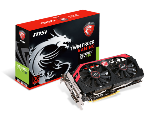 MSI nVidia GeForce GTX760 Twin Frozr OC PCI-Express x16 3.0, GDDR5 2GB, 256-Bit, GPU:1085MHz (1150MHz Boost) / Mem:6008MHz, DVI x2, HDMI x1, 1x DP, DirectX 11.1