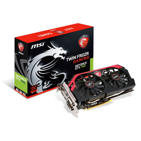 MSI nVidia GeForce GTX760 Twin Frozr OC PCI-Express x16 3.0, GDDR5 4GB, 256-Bit, GPU:1085MHz (1150MHz Boost) / Mem:6008MHz, DVI x2, HDMI x1, 1x DP, DirectX 11.1