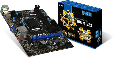 MSI Intel B85M-E33 B85 Chipset, Socket 1150 @ 100MHz FSB, 4th Gen Core i3/i5/i7/Pentium/Celeron Support, DDR3 1333 (1600MHz Max OC), 2x DIMM Dual Channel (16GB)