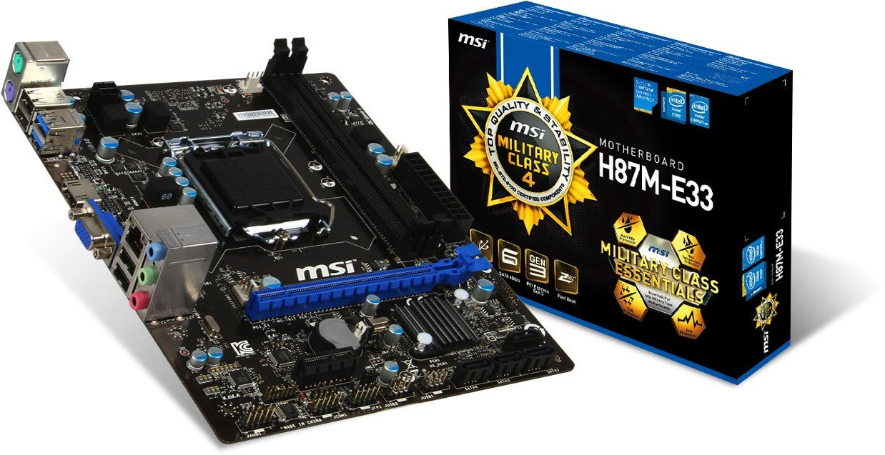 MSI Intel H87M-E33 H87 Chipset, Socket 1150 @ 100MHz FSB, 4th Gen Core i3/i5/i7/Pentium/Celeron Support, DDR3 1333 (1600MHz Max OC), 2x DIMM Dual Channel (16GB)